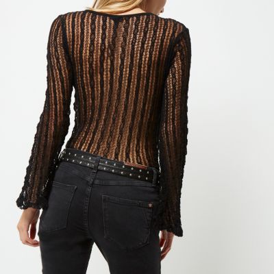 Black open mesh lace-up front top